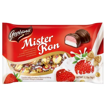 MISTER RON 1kg CUKIERKI TRUSKAWKOWO ŚMIETANKOWE W CZEKOLADZIE GOPLANA