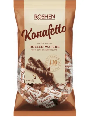 KONAFETTO BIANCO ROSHEN 1KG RURKI WAFLOWE Z NADZINIEM MLECZNYM W POLEWIE CZEKOLADOWEJ