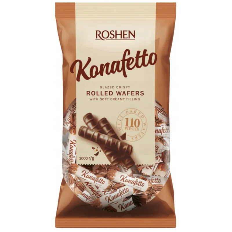 KONAFETTO BIANCO ROSHEN 1KG RURKI WAFLOWE Z NADZINIEM MLECZNYM W POLEWIE CZEKOLADOWEJ