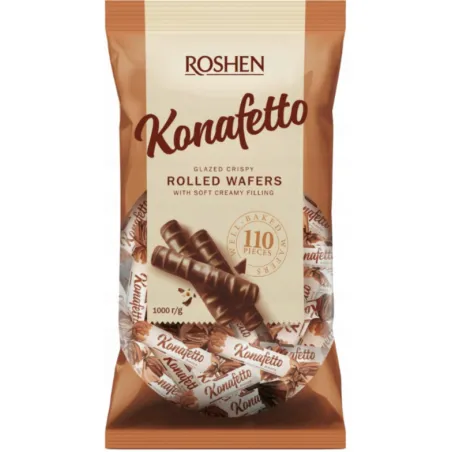 KONAFETTO BIANCO ROSHEN 1KG RURKI WAFLOWE Z NADZINIEM MLECZNYM W POLEWIE CZEKOLADOWEJ