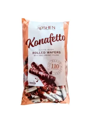 KONAFETTO BIANCO ROSHEN 1KG RURKI WAFLOWE Z NADZINIEM MLECZNYM W POLEWIE CZEKOLADOWEJ