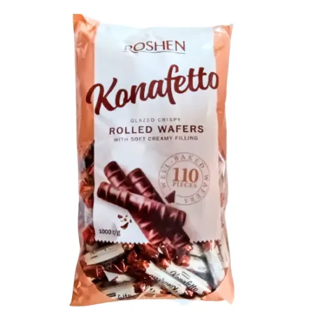KONAFETTO BIANCO ROSHEN 1KG RURKI WAFLOWE Z NADZINIEM MLECZNYM W POLEWIE CZEKOLADOWEJ