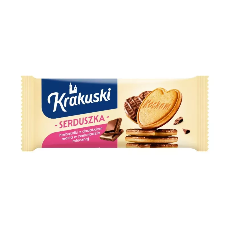 KRAKUSKI SERDUSZKA MAŚLANE CIASTKA W MLECZNEJ CZEKOLADZIE 171g KRAKUSKI SERDUSZKA MAŚLANE CIASTKA W MLECZNEJ CZEKOLADZIE 171g